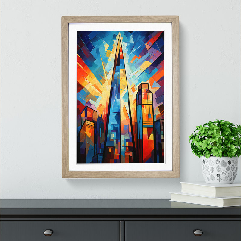 XYZ-FRM-V1223-6142 The Shard Cubism No.2 - Single Picture Frame Print on Wood, 34cm H x 25cm W x 2cm D, Oak 