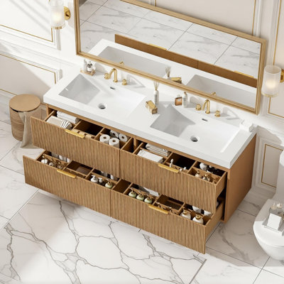 59.3" Double Sink Bathroom Vanity With Smc Top, Painted Mdf Cabinet With Solid Wood Frame, Soft Close Drawers, Wall-mounted Modern Storage Vanity