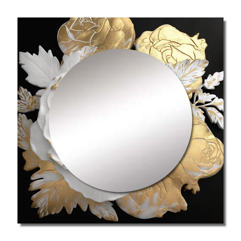 Exquisite White Rose Blooming Floral Gold Glam I - Rose Square Mirror For Wall Art Decor, 29" x 29"