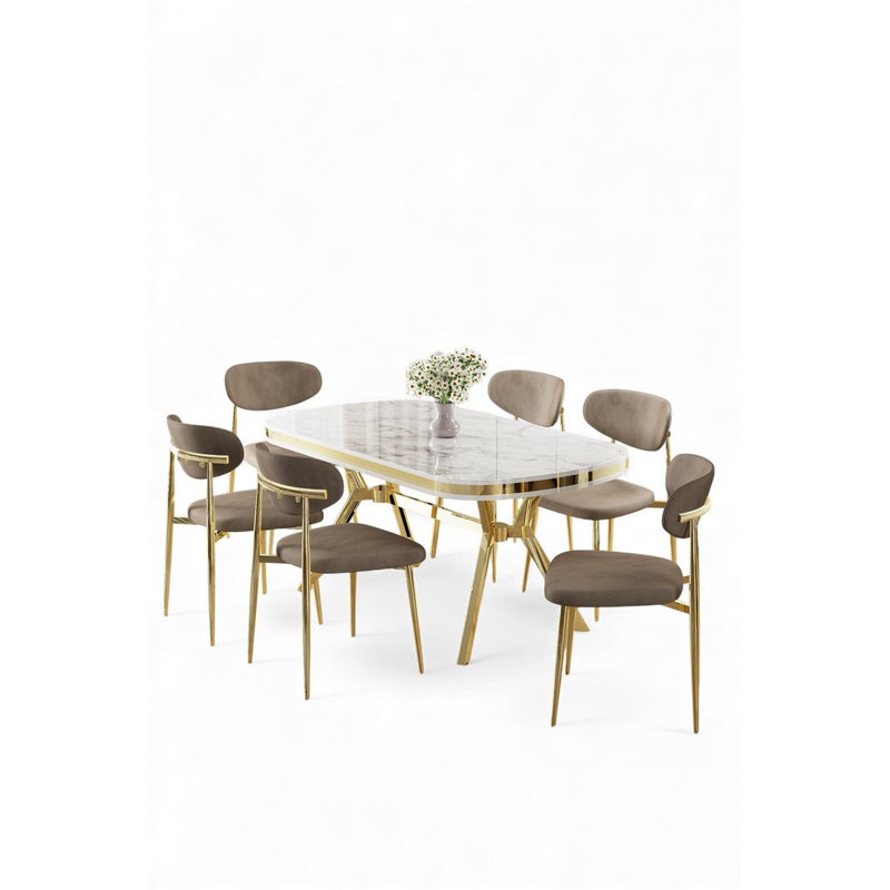 Ensemble de table et chaises de salle à manger (7 pièces), Marbre blanc /Or, 7 pièces : table, 6 chaises, Cappuccino