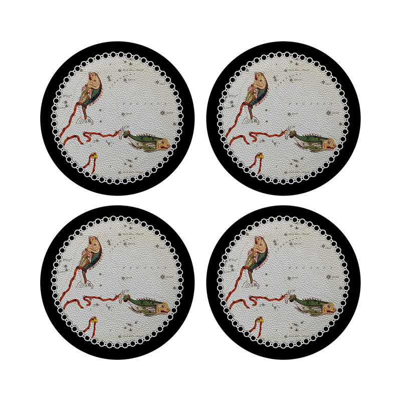 Zodiac Pisces Black Vegan Leather Round Coasters, Black