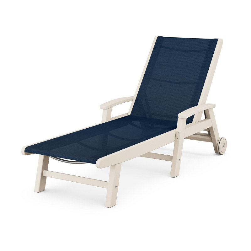 POLYWOOD Coastal Chaise with Wheels, Sand, Navy Blue