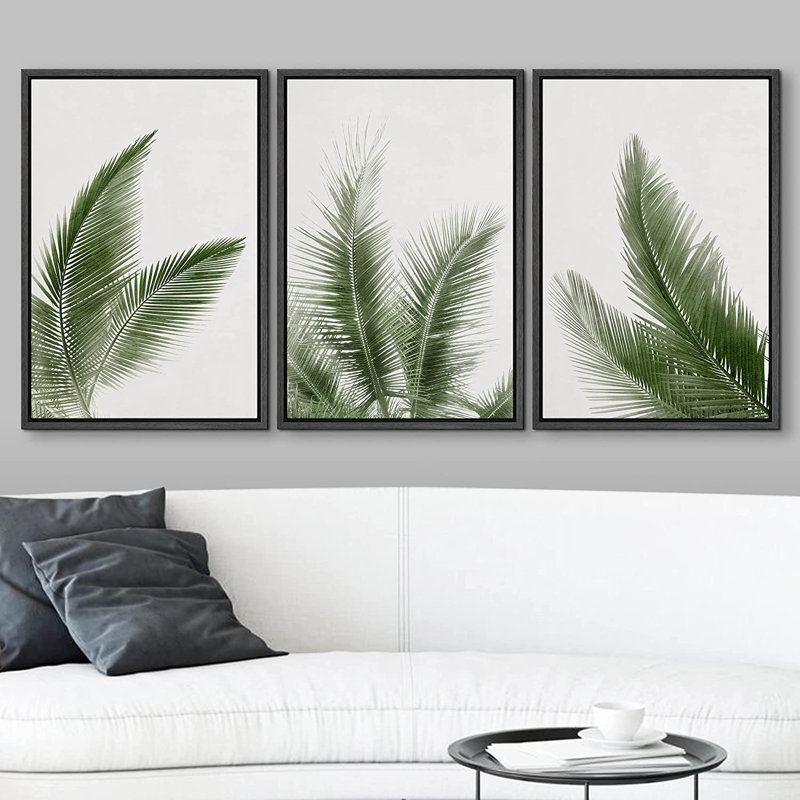 «Minimal Botanical Green Tropical Jungle Palm Tree Leaf Botanical Simple Décor», reproduction d'art encadrée sur toile 3 pièces