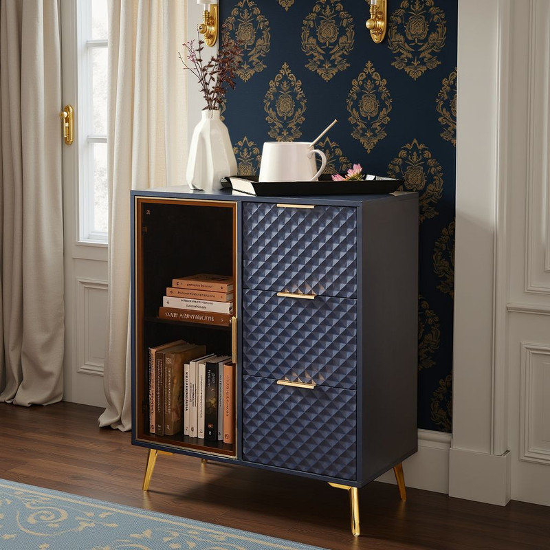 Armoire de rangement moderne - 3 tiroirs, 2 tablettes, conception géométrique, portes en verre?, Bleu