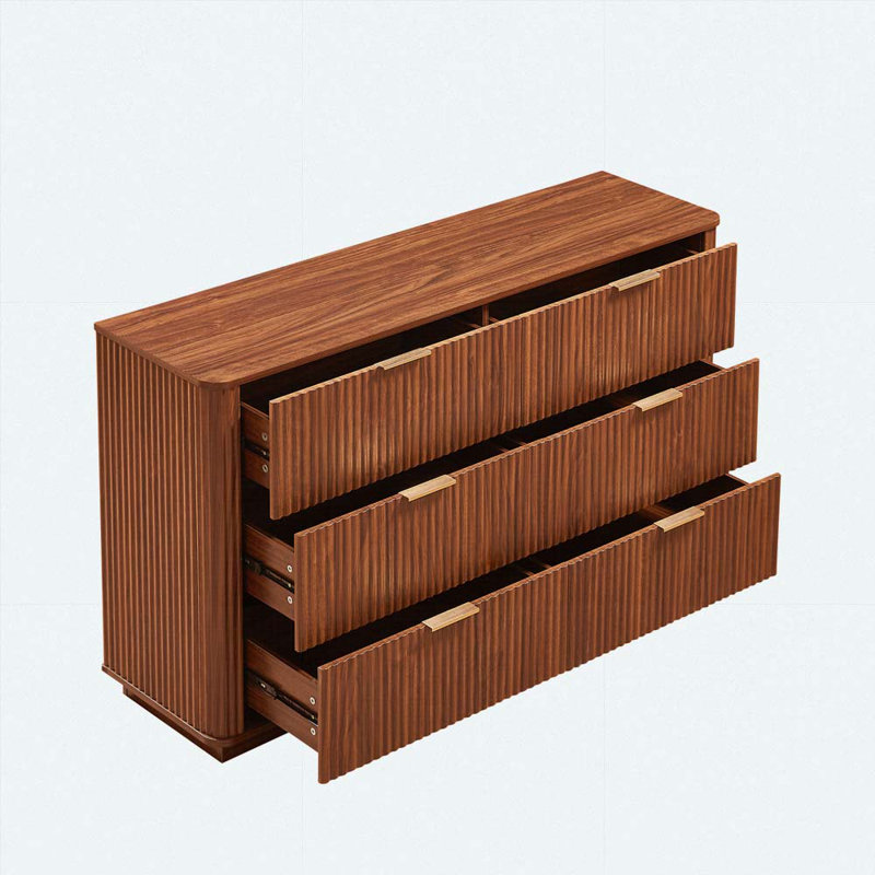 Commode 6 tiroirs, commode courbée moderne de 55 po de largeur, meuble télé, organisateur de tiroir en bois, Noyer