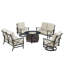 Ensemble de table de foyer en aluminium noir avec deux causeuses et deux fauteuils club