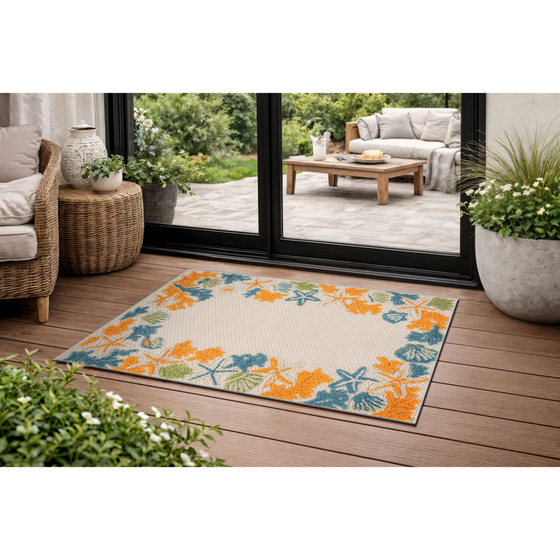 Tapis ivoire / multicolore intérieur / extérieur Coastal Border, Multi, Rectangulaire 2 pi x 3 pi