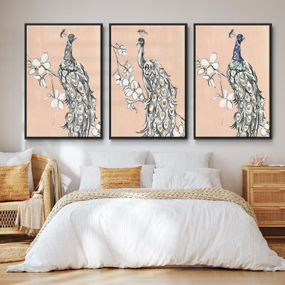 " Peacock in Gold I " 3 Piece Art Oil Print