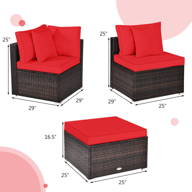 Ensemble de conversation modulaire en rotin avec coussins 4 pièces Bridger, Rouge