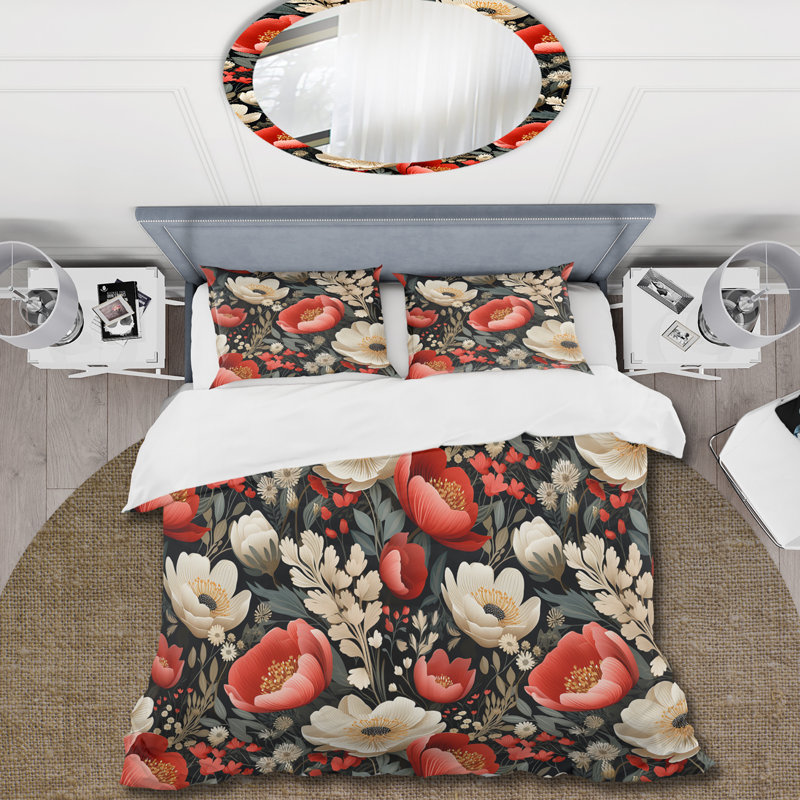 Ivory & Red Boho Chic Floral Pattern I - Ensemble de housse de couette à motif floral