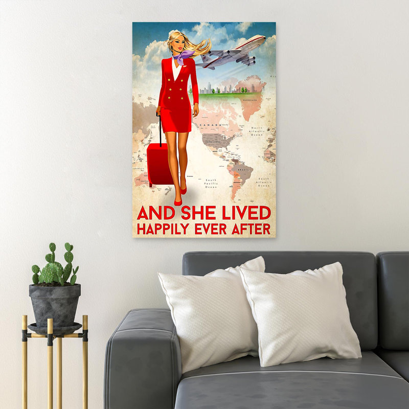 Flight Attendant In Red Suit - And She Lived Happily Ever After - 1 Piece Rectangle Graphic Art Print On Wrapped Canvas