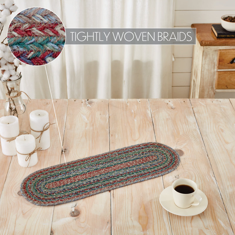 Green and Multicolor Braided Jute Oval Table Runner 8" x 24"