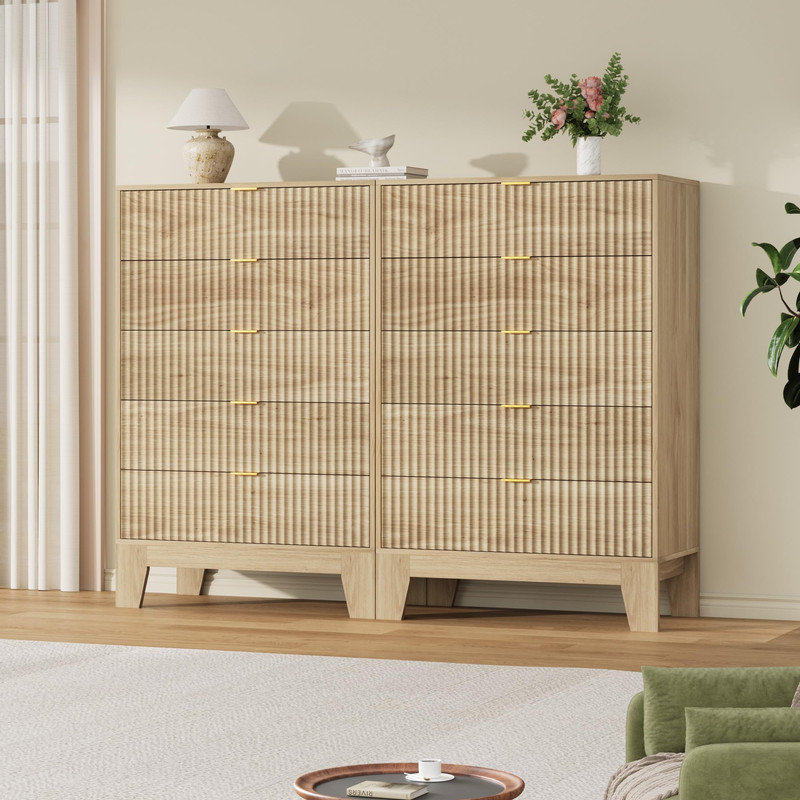 31.5" Wide 5-Drawer Dresser with Gold Handles & Fluted Front, Natural