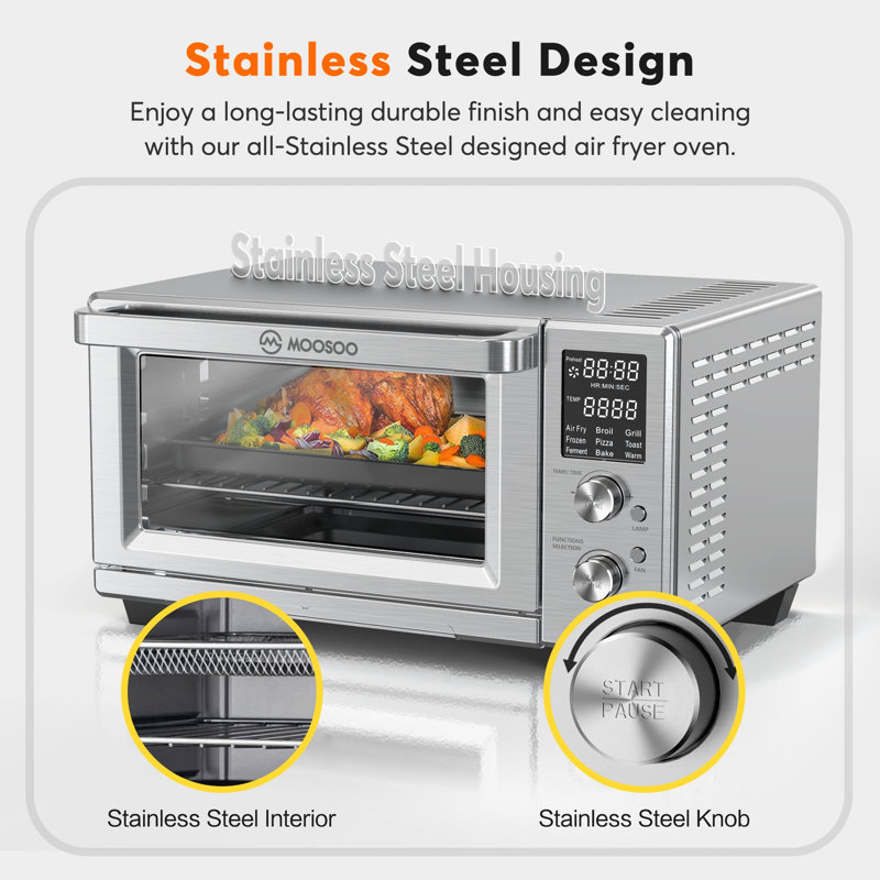 MOOSOO 30Qt Air Fryer Toaster Oven, Stainless Steel Air Fryer, Knob Control, 9 Presets