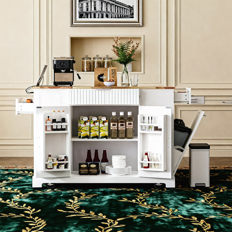 Îlot de cuisine roulant avec plateau en bois et armoire à poubelle, chariot de cuisine sur 5 roulettes, Blanc