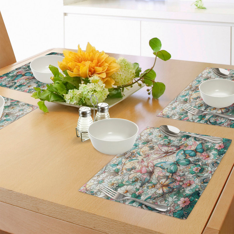 Aqua Blush Off White Spring Butterfly Polyester Placemats Set of 4