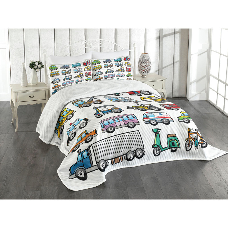 Ambensonne Cartoon Bedspread Land Multicolor Multicolor, Queen Coverlet/Bedspread + 2 Pillow Shams