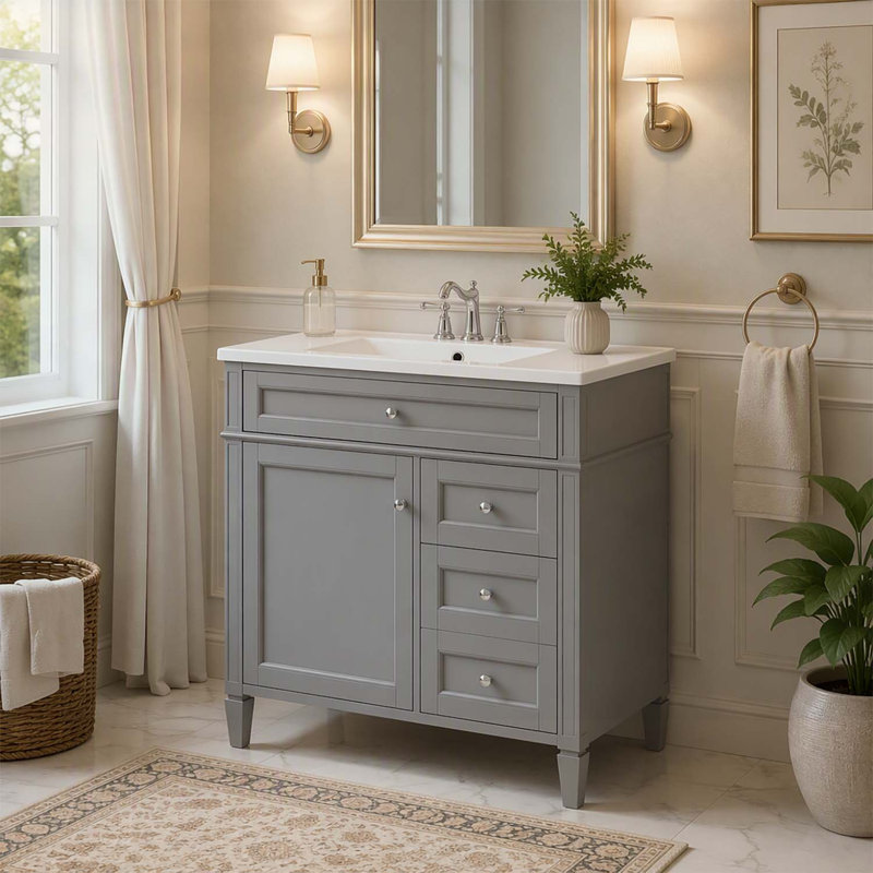 Meuble-lavabo moderne de 91 cm (36 po) avec lavabo supérieur, grand espace de rangement et design élégant pour une utilisation efficace de l'espace.