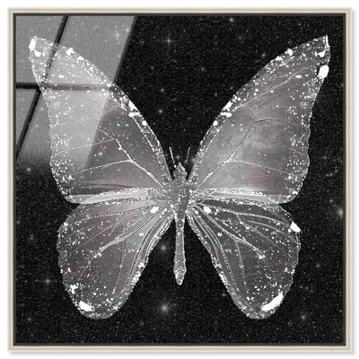 «Sparkling Silver Butterfly», art mural en verre acrylique encadré à haute brillance par Art Remedy, cadre argenté, 20 x 20