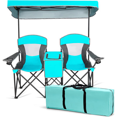 Double Camping Chair W/Shade Canopy, 2-Person Folding Camp And Beach Chair With Mini Table Beverage Cup Holder Carrying Bag For Garden Patio Pool Beac by Arlmont & Co.