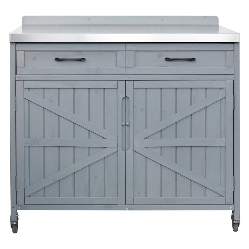 Îlot de cuisine 39,4 po avec plateau en acier inoxydable pour l'extérieur, Gris