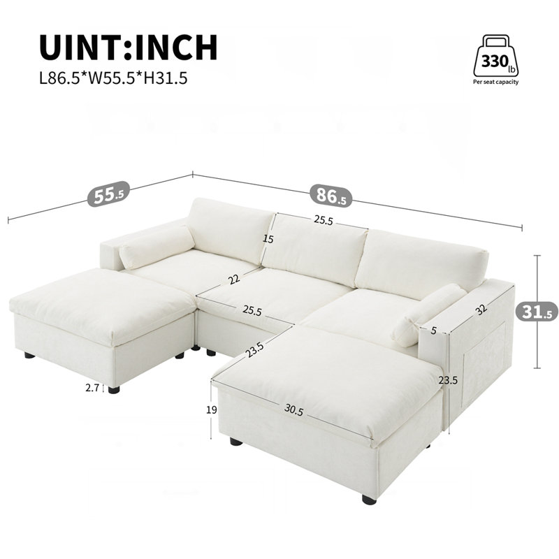 86.5'' Chenille Modular Sectional Sofa with Storage Pockets and Movable Ottoman