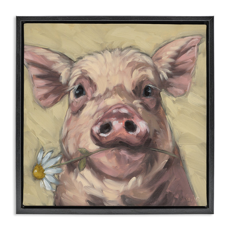 Cadre flottant cochon tenant une marguerite, Cadre flottant noir de jais, H 18 po x l 18 po