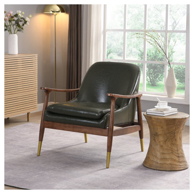 Chaise d'appoint Mid-Century en similicuir avec structure en bois massif et pieds en laiton - Siège rembourré confortable pour le salon, la chambre à coucher et le salon de bureau