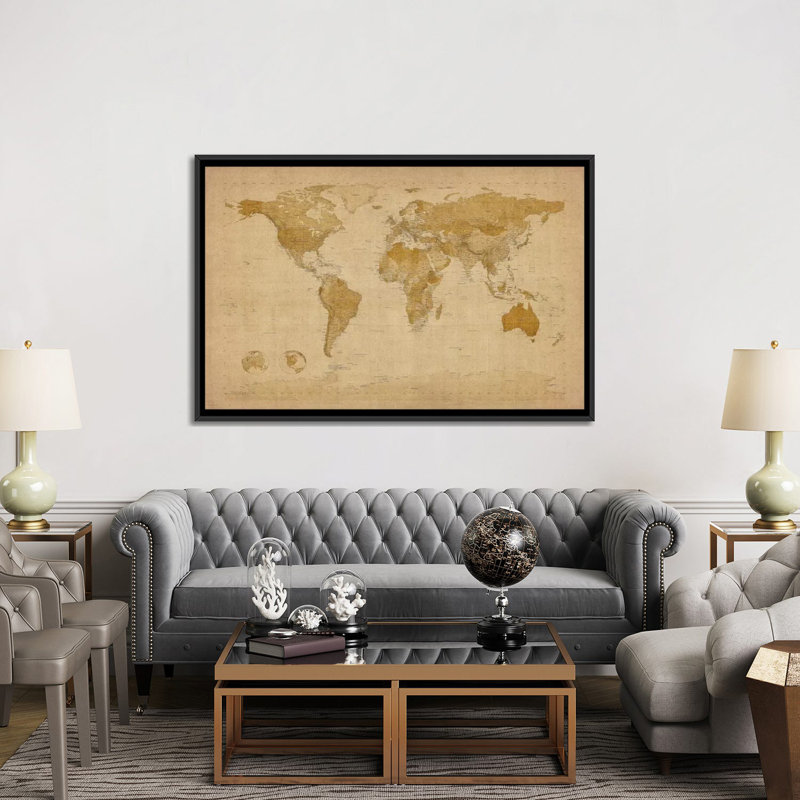 « antique world map ii » par michael tompsett, impression sur toile, H 18 po x l 26 po x P 1,5 po, Toile avec cadre noir