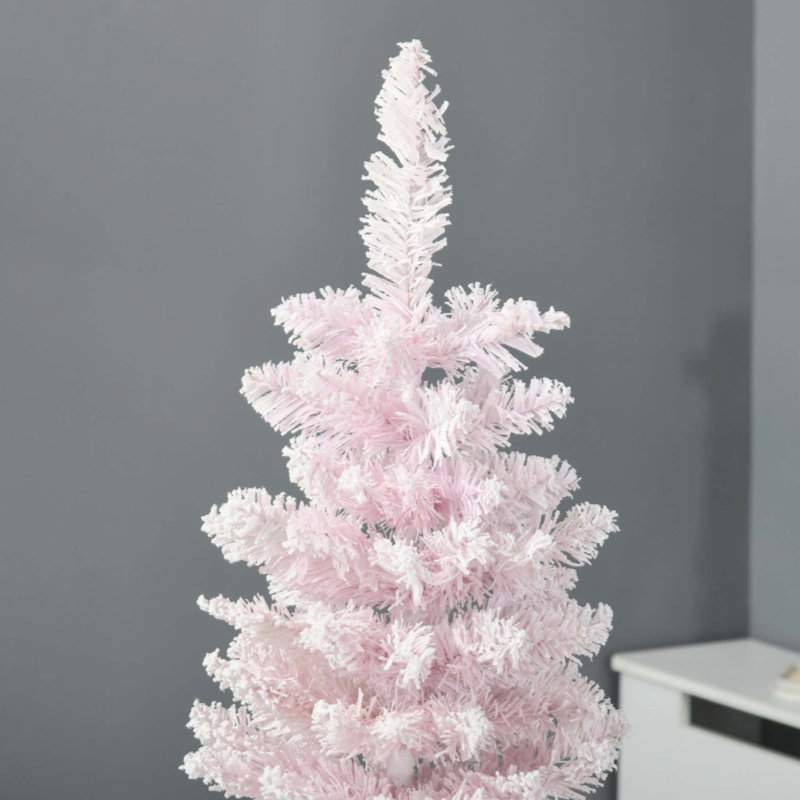 Arbre de Noël artificiel enneigé 5 pi, arbre de Noël mince avec branches réalistes et base en plastique pour décoration d'intérieur, rose