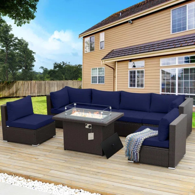 Ensemble de conversation pour patio 7 pièces en osier avec haut foyer et table basse, Marine, Brun