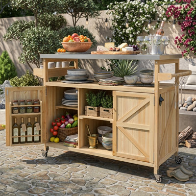 Îlot de cuisine de ferme avec plateau en acier inoxydable, chariot à roulettes et rangement pour épices
