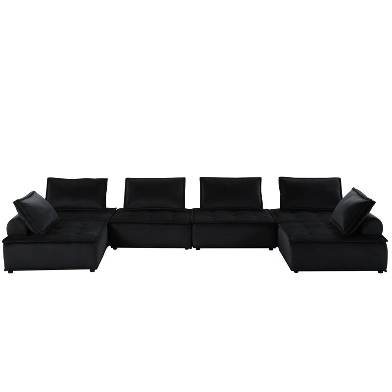 160" Seat Width Black Velvet Sectional, With Pocket Coil Springs Inside 14.5" Back Height Sectional , 6 U-shape Modular Design