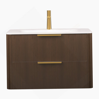 30 Bathroom Vanity with Sink, Floating Pinstriped Plywood Storage Cabinet with Drawers, Carrara White Sintered Stone Hot-bent Integrated Basin, Pre-assembled, Italy Walnut Woodgrain Color