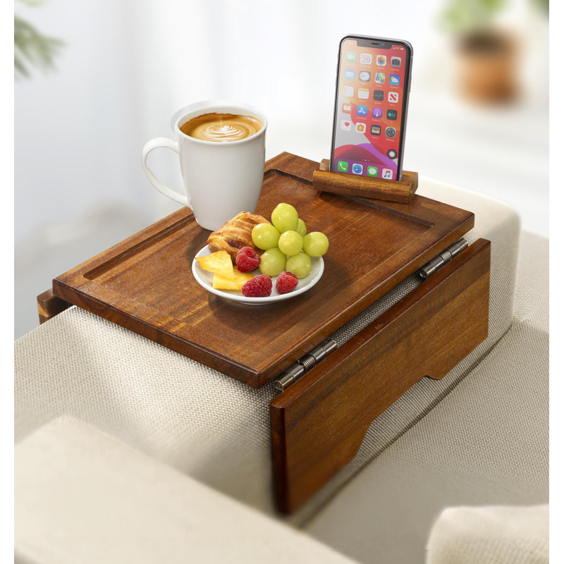 Sofa Arm Table Tray With Phone And Tablet Stand, Perfect Sofa Side Table For Living Room Comfort,(Acacia)