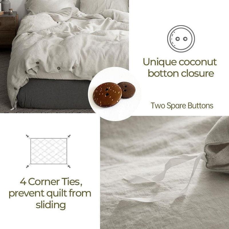 100% Belgian Flax Linen Duvet Cover -1 Duvet Cover , Pillowcases,Breathable Farmhouse Comforter Cover With Coconut Button Closure