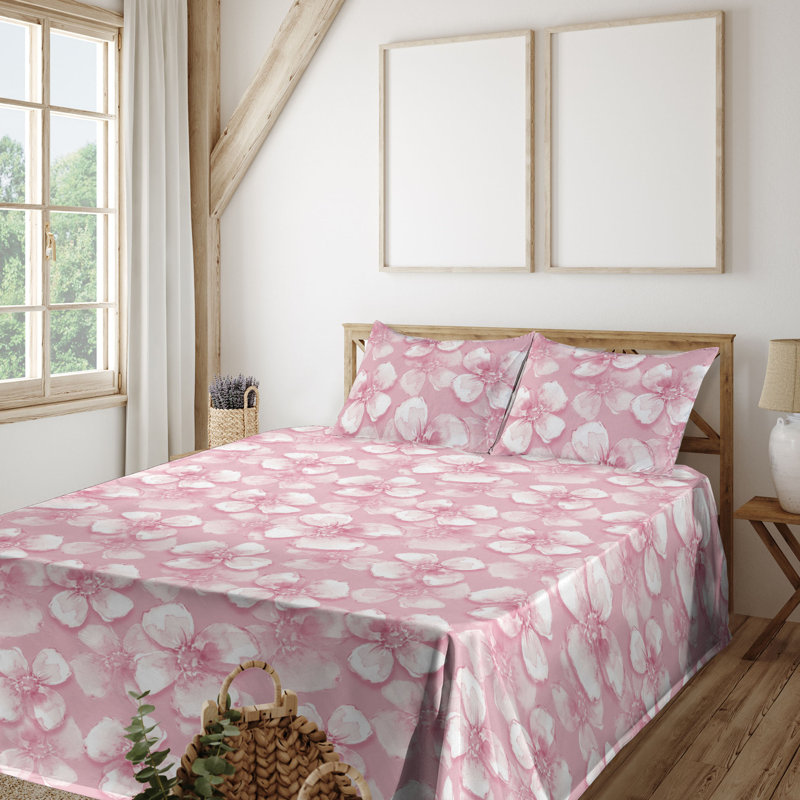 Ambesonne Watercolor Botany Sheet Set 4 Pcs Retro Boho Bloom, Queen Sheet Set with 2 Pillowcases
