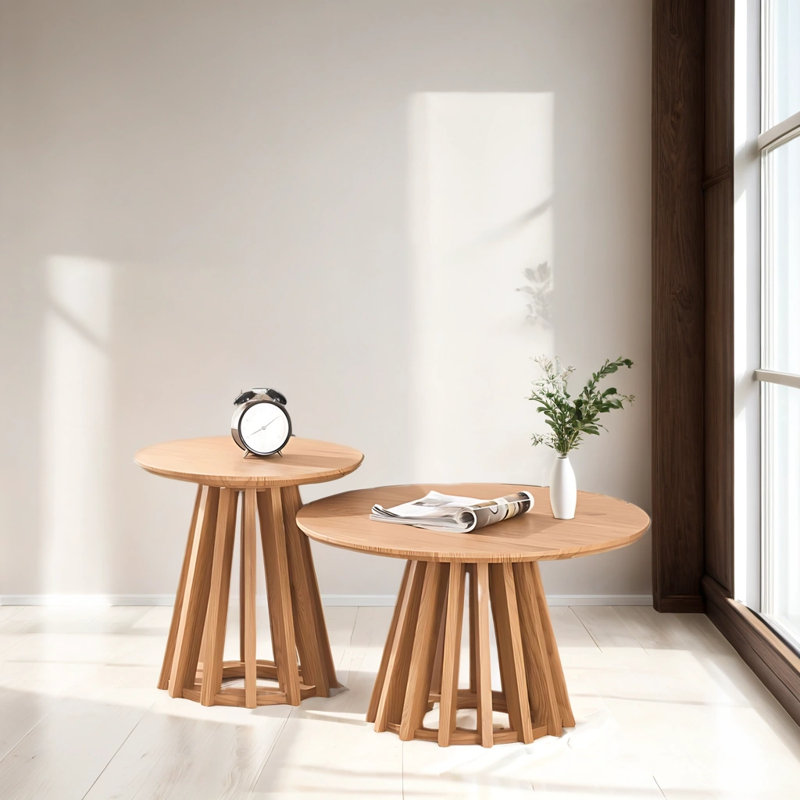  Wood Round Nesting Tables with Wood Pedestal Base, Set of Two-24" Diameter, Blonde