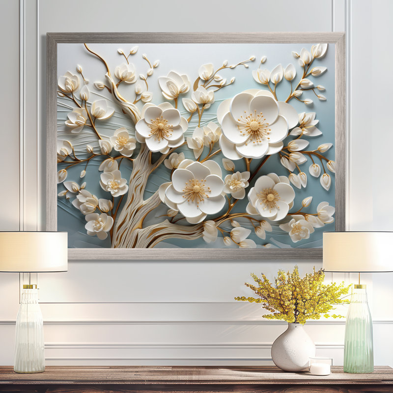 Orchidée blanche jardin de branches 9 - Art mural floral abstrait, H 24 po x l 32 po x P 1 po, Cadre de coin fermé argenté