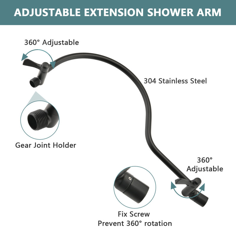 Système de douche à pluie et à main 12 pouces noir mat avec bras d'extension incurvé réglable à 360 °