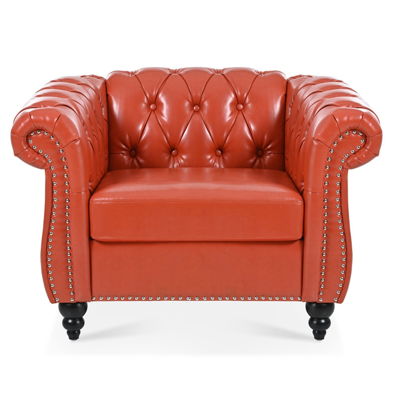 Fauteuil capitonné Chesterfield, Similicuir orange, Noir