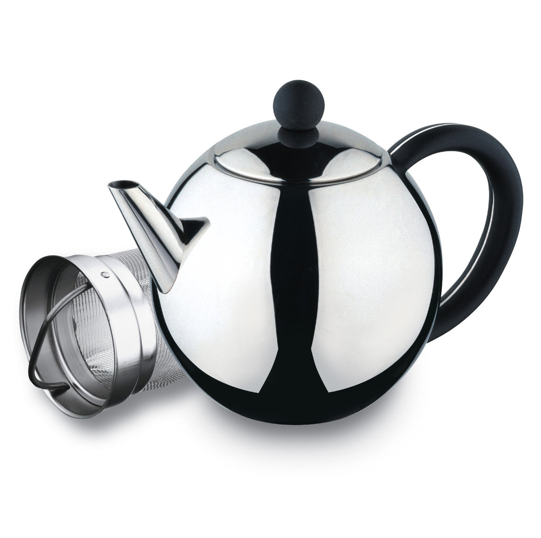 Café Ole Rondo Stainless Steel Tea Pot Easy Pour Teapot with Infuser Basket, Black Bakelite Handle