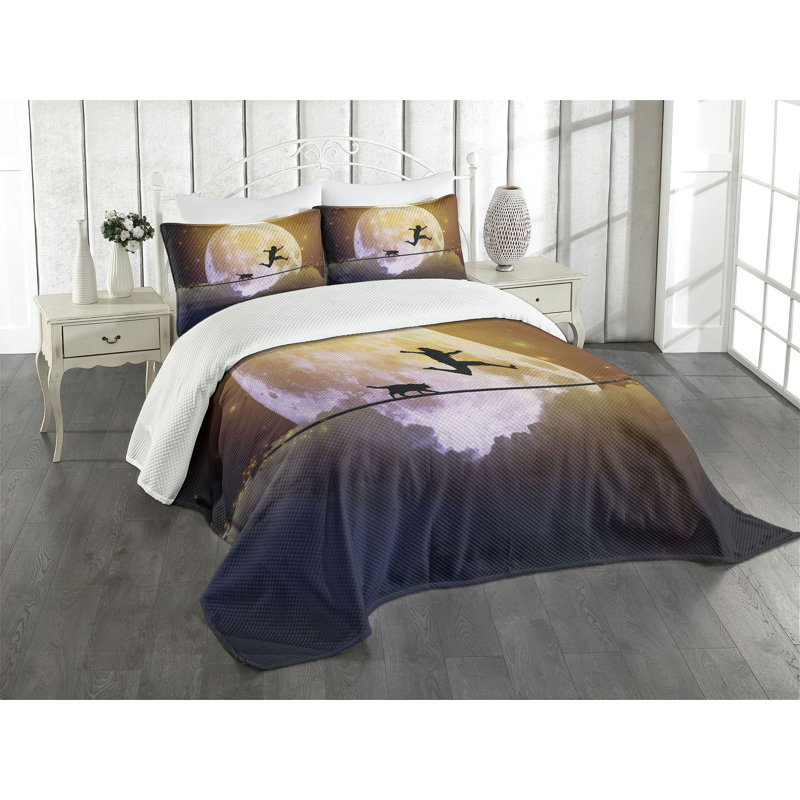 Ambesonne Adventure Bedspread Set Cat Silhouette Full Moon Multicolor, Queen Bedspread + 2 Standard Shams