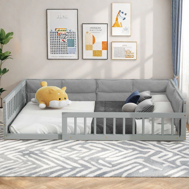 Lit plateforme tapissier moderne avec garde-corps et coussin, Gris