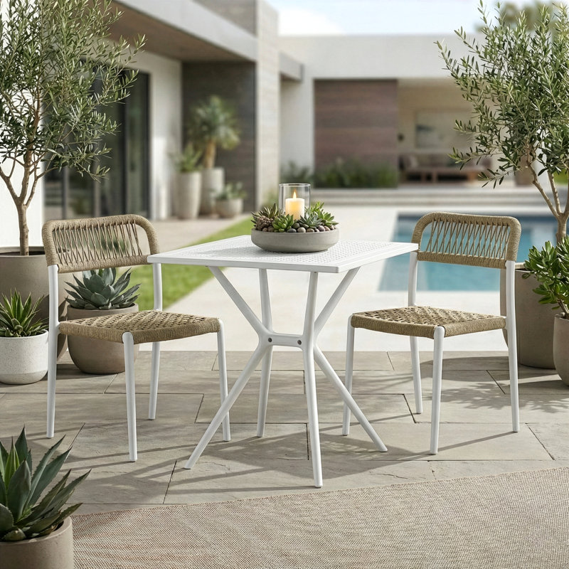 Belen Basma Beige White Outdoor Dining 2 Seats Set, Beige