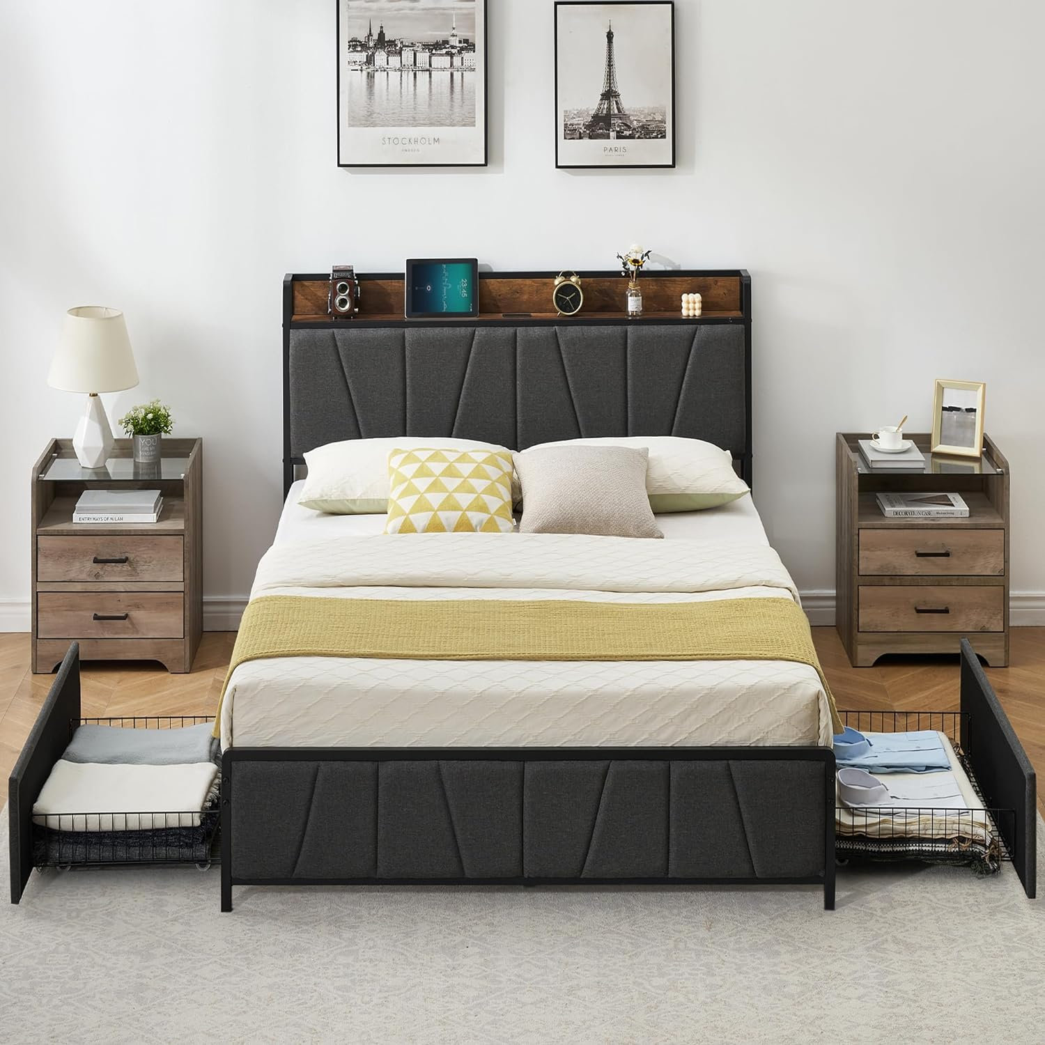 Ebern Designs Queen Size Bed Frame With 2 Storage Drawers And Charging ...