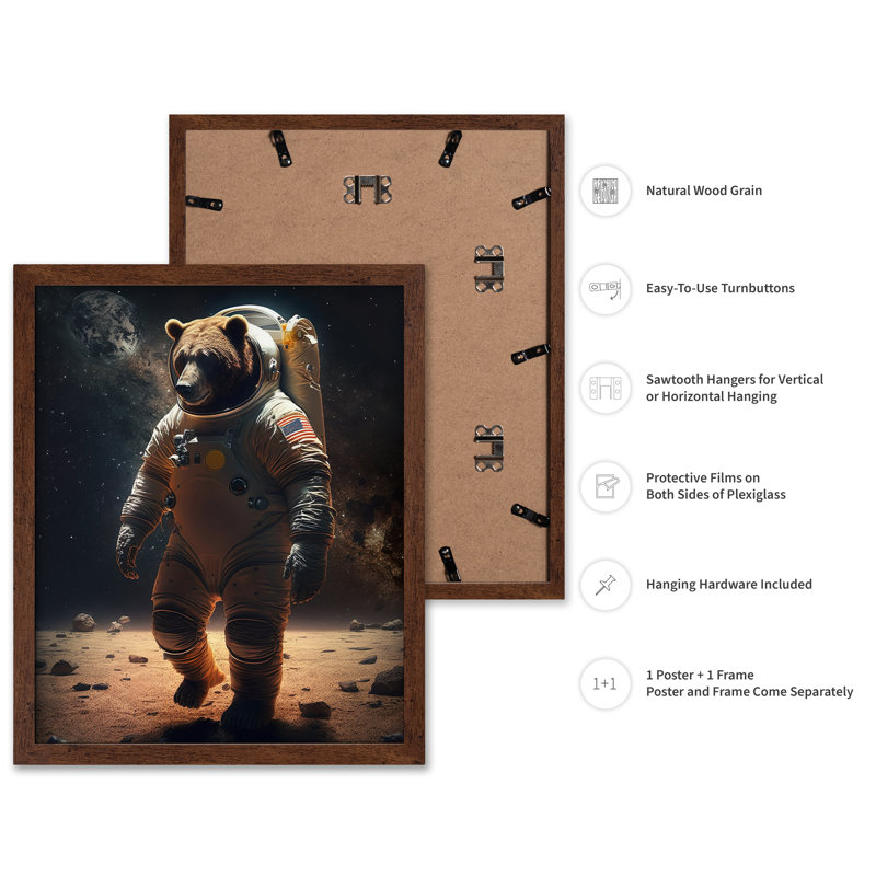 Grizzly Bear Astronaut, H 08 po x l 10 po, Affiche, Encadrement brun