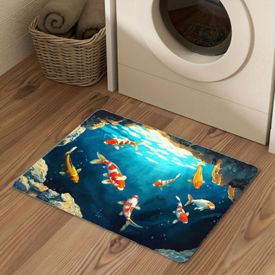 1Pc Illusion Koi Fish Pond Floor Mat, Crystal Velvet Fabric With Non-Slip Backing, Ocean Design Bath Rug, Waterproof Washable Decorative Carpet For Bathroom, Laundry Room, Kitchen, Indoor Home Decor