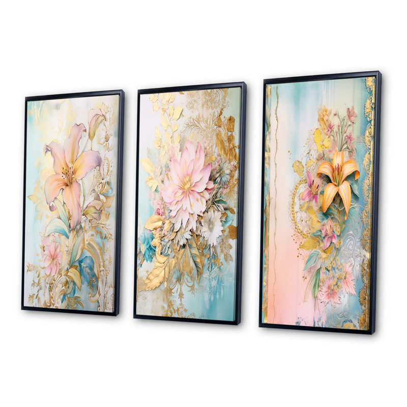 «Gilden Pink Lily Vintage Illustration II», 3 pièces sur toile, Cadre flottant noir, H 40 po x l 60 po