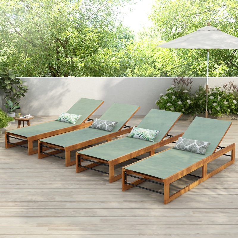 Chaise longue inclinable en acacia de 78,75 po Denzer, Maille vert menthe / structure en teck